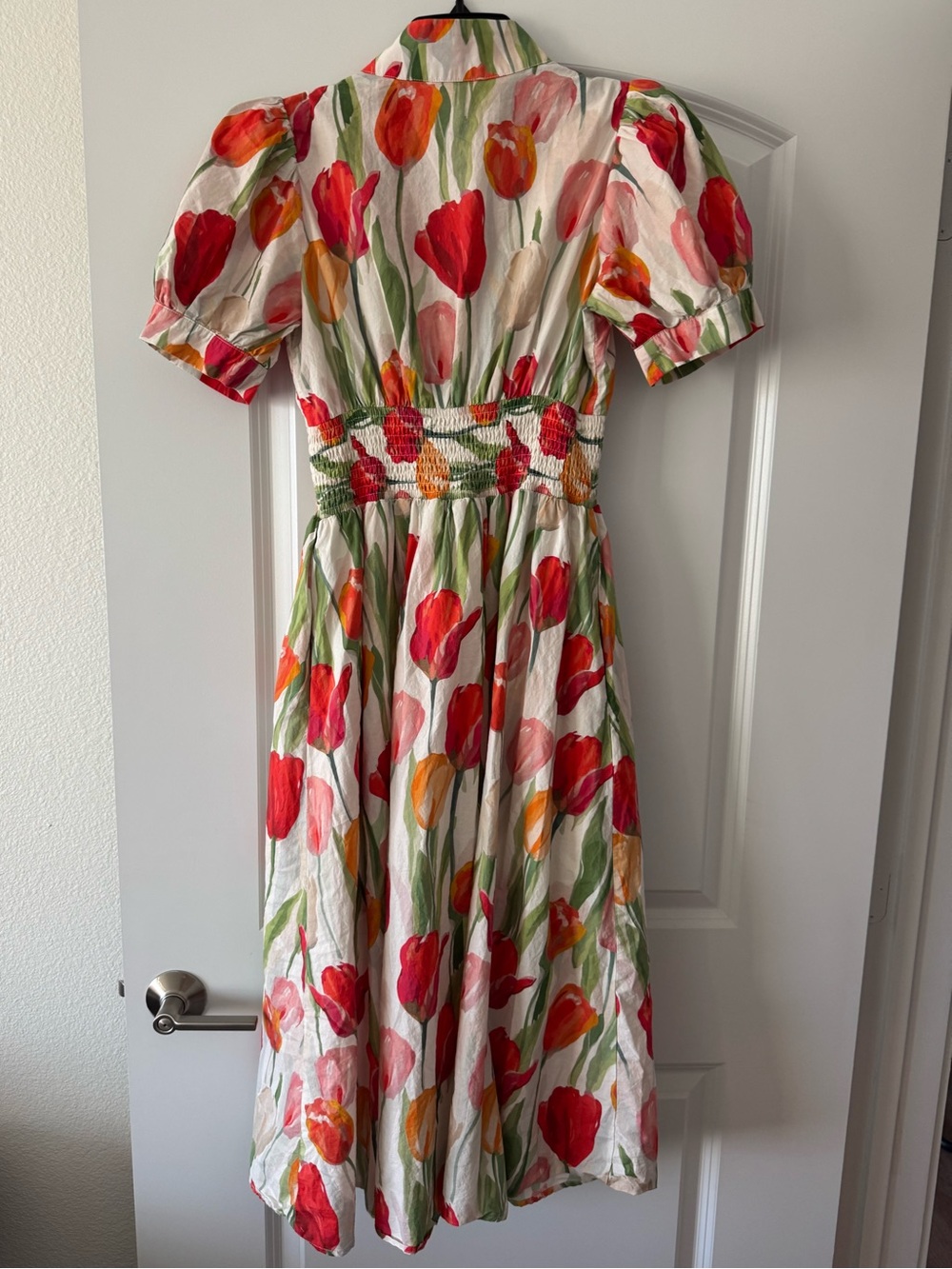 ENTRO 100% COTTON AMONG THE TULIPS IVORY & RED MULTI FLORAL COTTON MIDI DRESS S - Picture 9 of 9